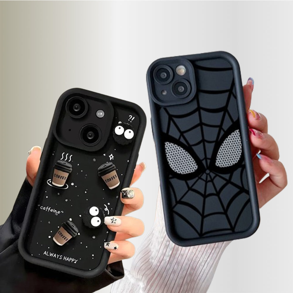 ZEROTO Pack Of 2 Case | Cute Fun Cartoon 3D Ball Coffee & Spidey Face Mask Soft Silicone Case